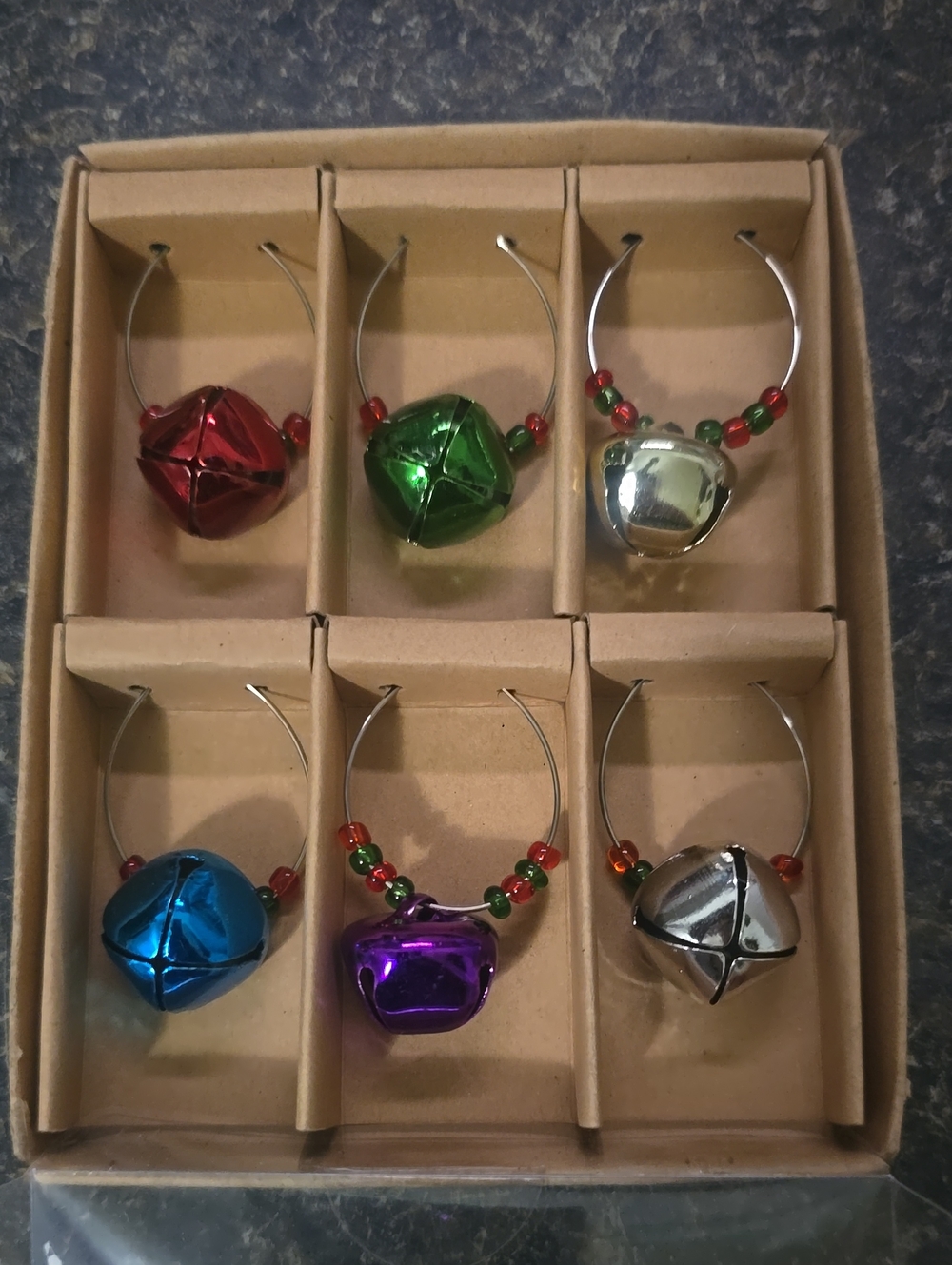 Festive Multicolor Jingle Bell Wine Glass Charms - Set of 6